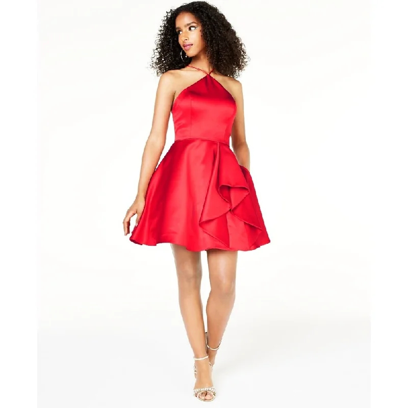 American Style Blondie Nites Juniors' Y-Neck Ruffled Dress Red Size 0