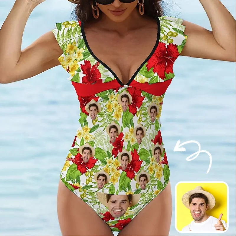 Cozy Dress Custom Face Plant Pattern V-Neck Ruffle 2-Piece Tankini Swimsuit