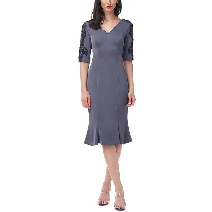 Designer Style JS Collections Women's V Neck Fit & Flare Silhouette Dress Gray Size 12 Designer Style JS Collections Women's V Neck Fit & Flare Silhouette Dress Gray Size 12
