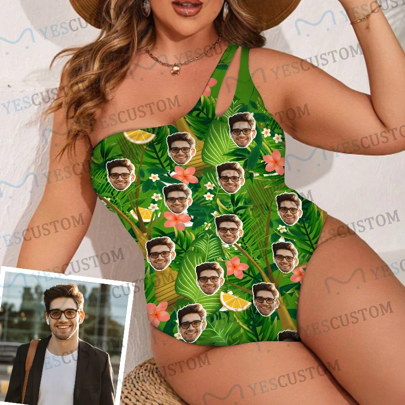Street Cool Custom Face Green Leaves Women's One Shoulder Keyhole One Piece Swimsuit Custom Picture Bathing Suit