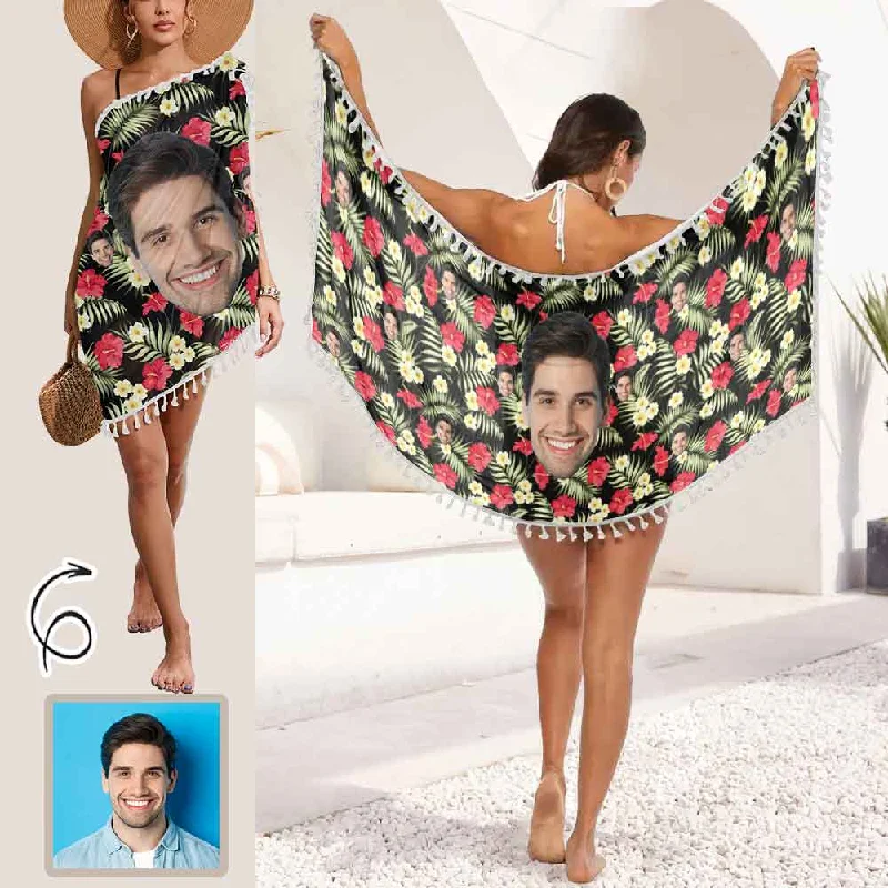 Bottom And Versatile Custom Face Flowers Beach Wraps Chiffon Sarong Bikini Swimsuit Cover Ups Skirt Tassels