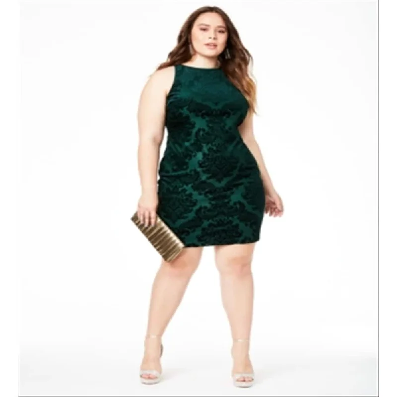 Low-key Luxury B Darlin Women's Velvet Sleeveless Jewel Neck Above The Knee Body Con Cocktail Dress Green Size 22W