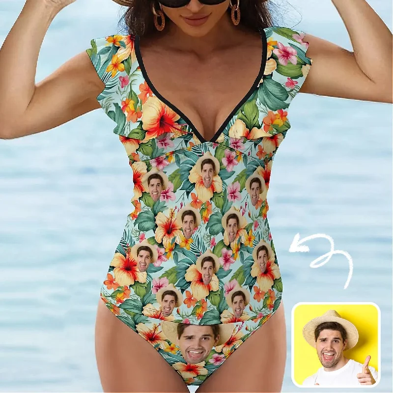 Urban Chic Custom Face Floral Pattern V-Neck Ruffle 2-Piece Tankini Swimsuit
