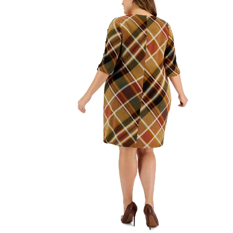 Easy Style Connected Women's Round Neck 3/4-Sleeve Sheath Dress Brown Size 24W