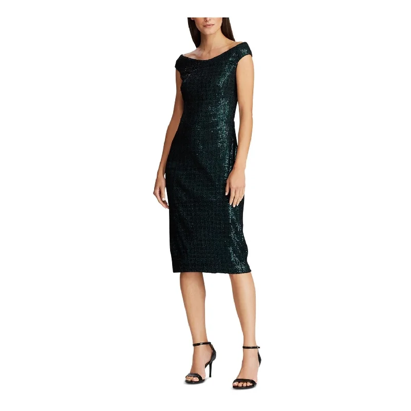 Trendy Comfort Ralph Lauren Women's Sequined Off Shoulder Tea Length Formal Body Con Dress Green Size 2