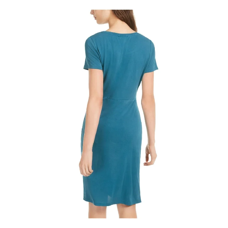Comfortable Dresses Ultra Flirt Women's Ruched Short Sleeve Jewel Neck Above The Knee Sheath Dress Blue Size Small