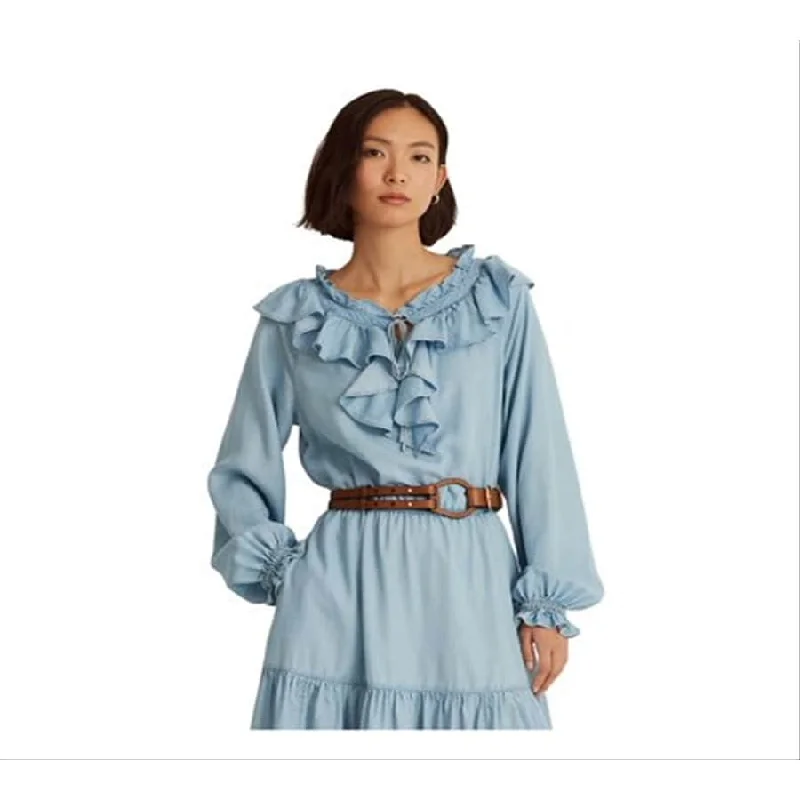 Stunning Fashion Ralph Lauren Women's Tie Ruffled Blouson Sleeve Split Below The Knee Blouson Dress Blue Size 4 Stunning Fashion Ralph Lauren Women's Tie Ruffled Blouson Sleeve Split Below The Knee Blouson Dress Blue Size 4