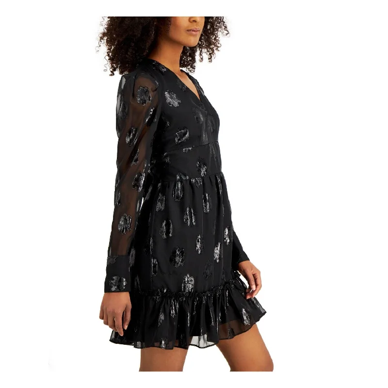 Free Design Bar Iii Women's Embellished Keyhole Back Long Sleeve V Neck Short Fit Flare Dress Black Size Small
