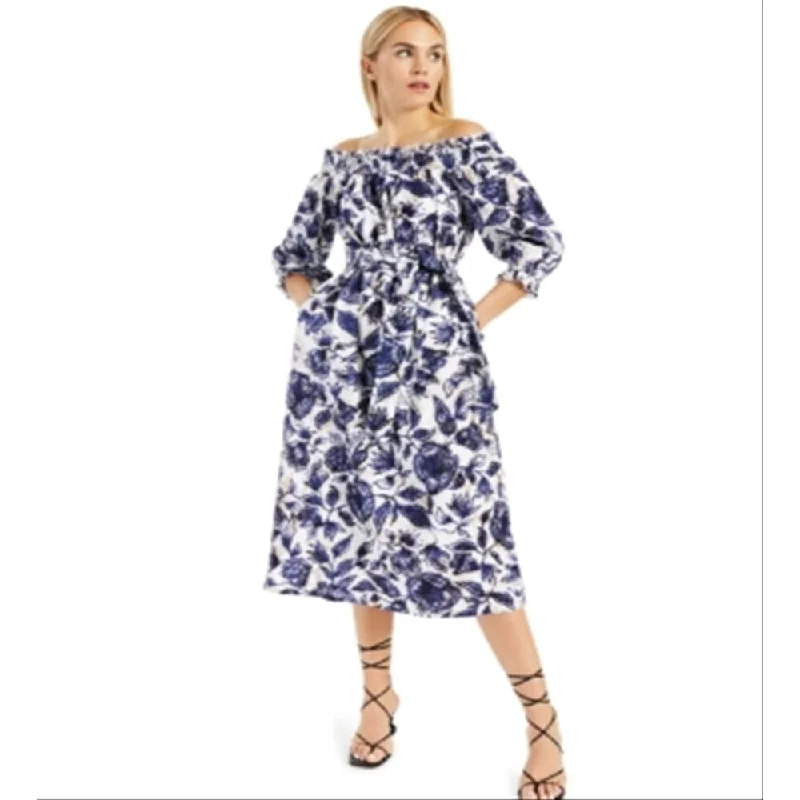 Economic Outlook Inc International Concepts Women's Cotton Printed Smocked Off The Shoulder Dress Blue Size Large