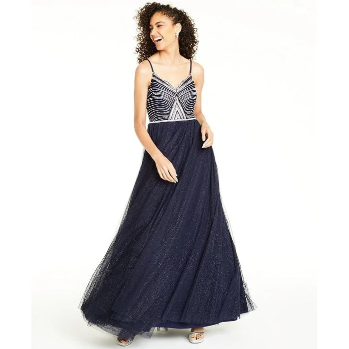 Skirt style Say Yes to the Prom Women's Glitter Sheer Spaghetti Strap Sweetheart Neckline Full Length Formal Fit Flare Dress Blue Size 9