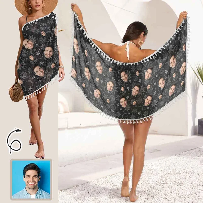 Classic Series Custom Face Stars Moon Black Beach Wraps Chiffon Sarong Bikini Swimsuit Cover Ups Skirt Tassels