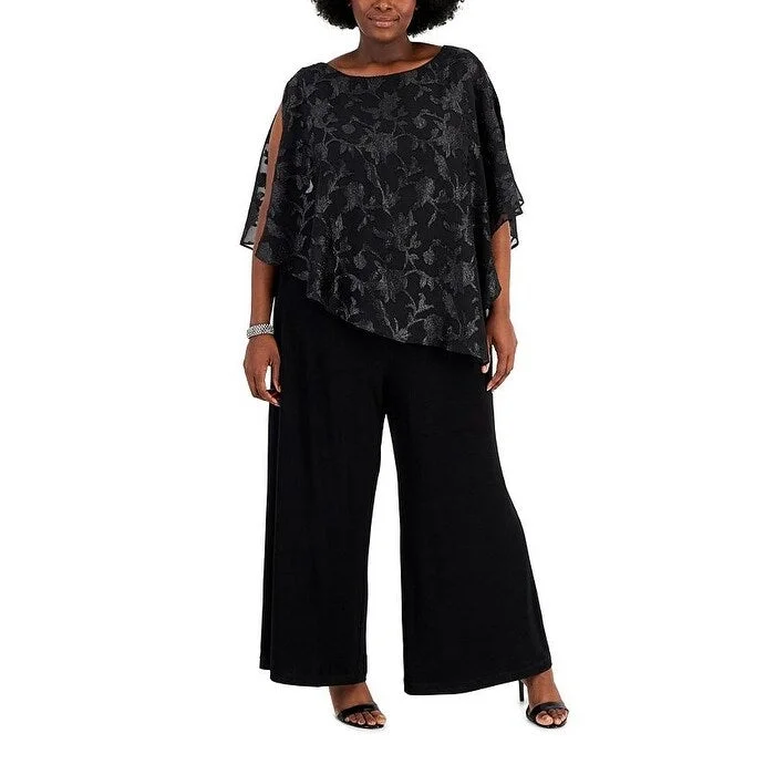 Effortless Elegance Connected Women's Asymmetrical Overlay Jumpsuit Black Size 18W