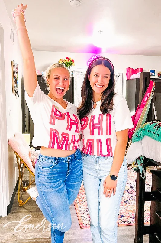 All-Day Wear Phi Mu Bright Pink Font Notch Tee