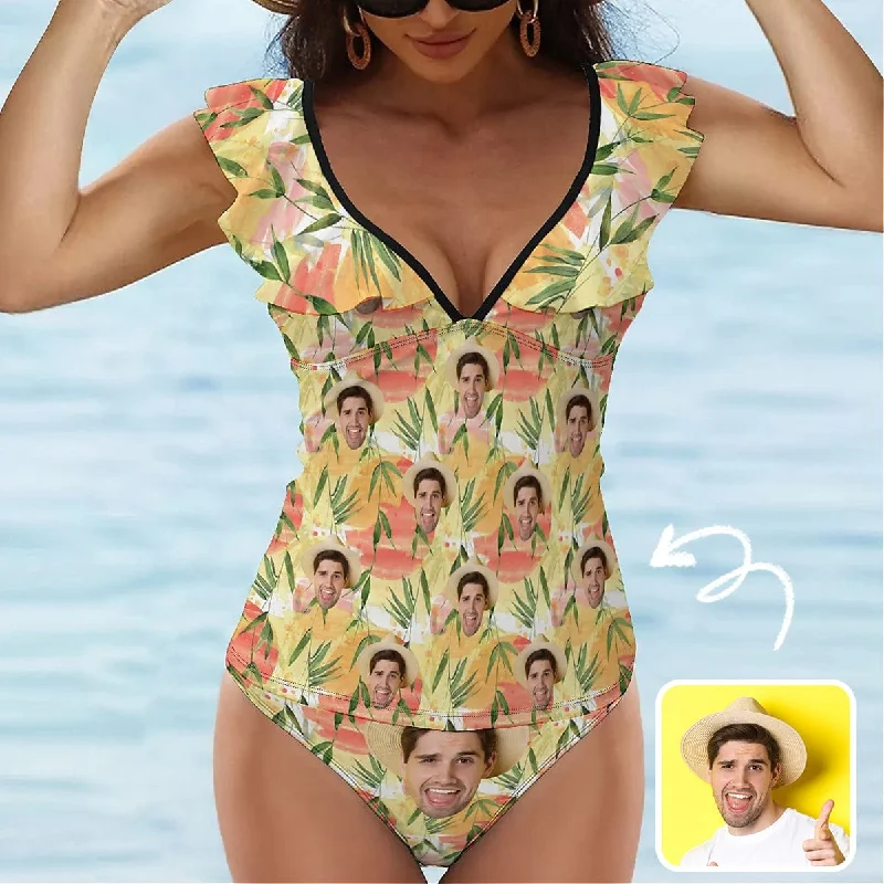 Soft Wear Custom Face Bamboo Leaf Red Sun V-Neck Ruffle 2-Piece Tankini Swimsuit