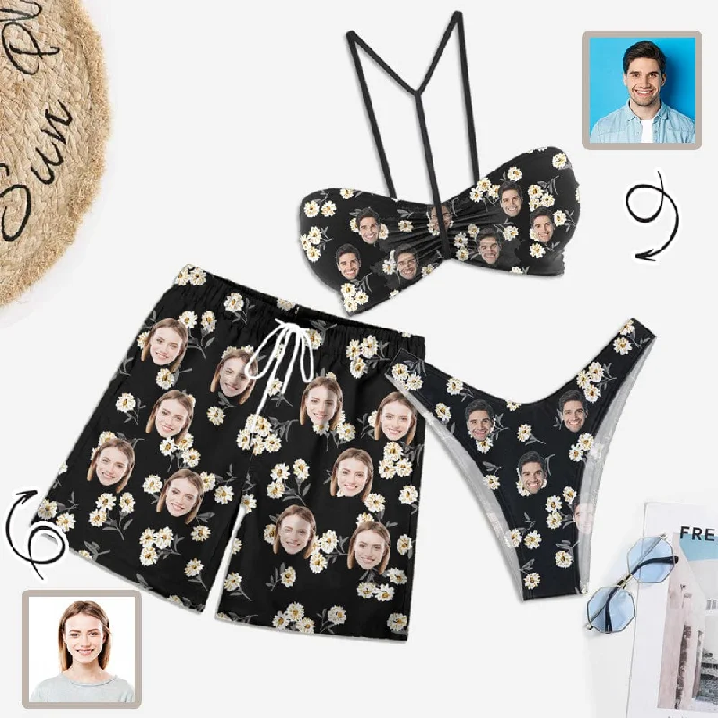 Comfortable And Simple Couple Matching Swimwear Custom Face White Flower Black Women's Adjustable Halter Neck Straps Bikini Set & Men's Swim Shorts