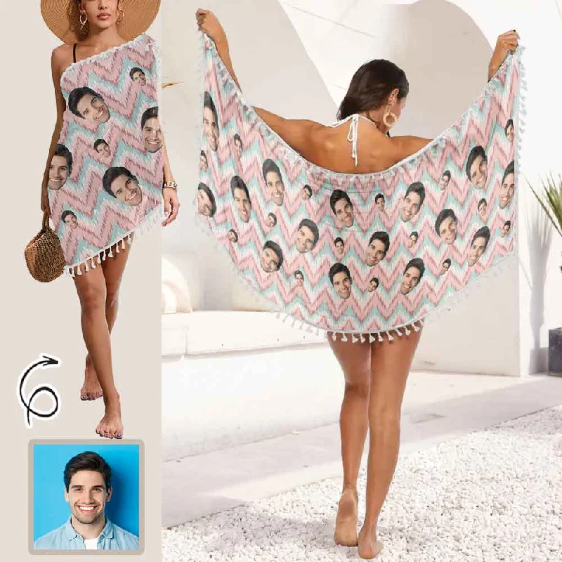 End Of The Year Custom Face Pink Stripe Beach Wraps Chiffon Sarong Bikini Swimsuit Cover Ups Skirt Tassels