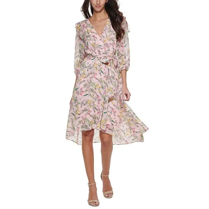 Celebrity Style Tommy Hilfiger Women's Printed Balloon Sleeve Faux Wrap Dress Pink Size 10