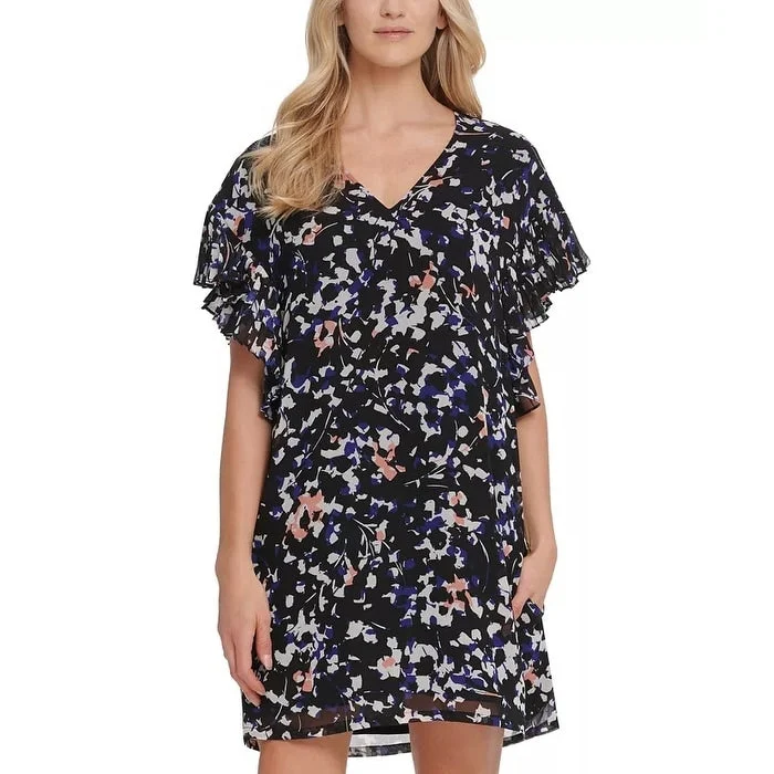 Fresh And Elegant DKNY Women's Printed Ruffle-Sleeve Dress Black- Size Large