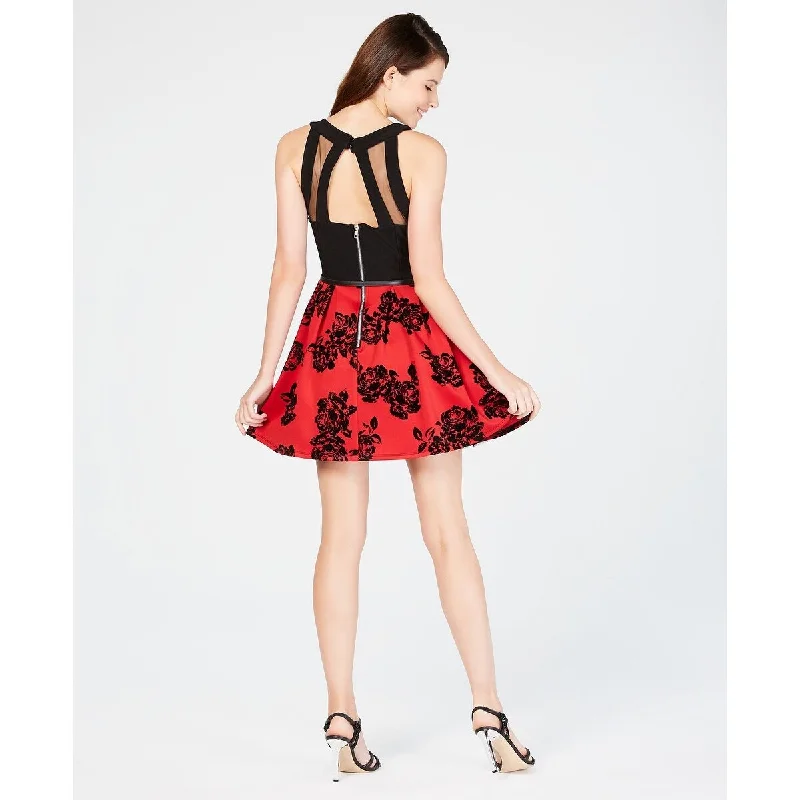 Fashion Must-have Crystal Doll Women's Embellished Zippered Floral Sleeveless V Neck Mini Party Fit Flare Dress Black Size 3