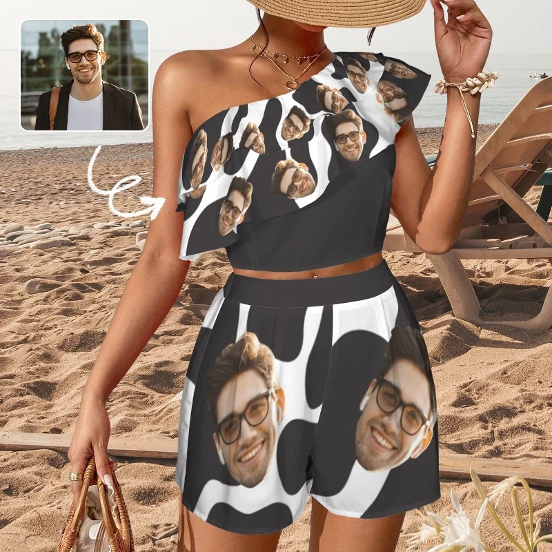 Printed pattern Custom Face Milk Beach Outfits Personalized Women's One Shoulder Ruffle Trim Top & Shorts Set