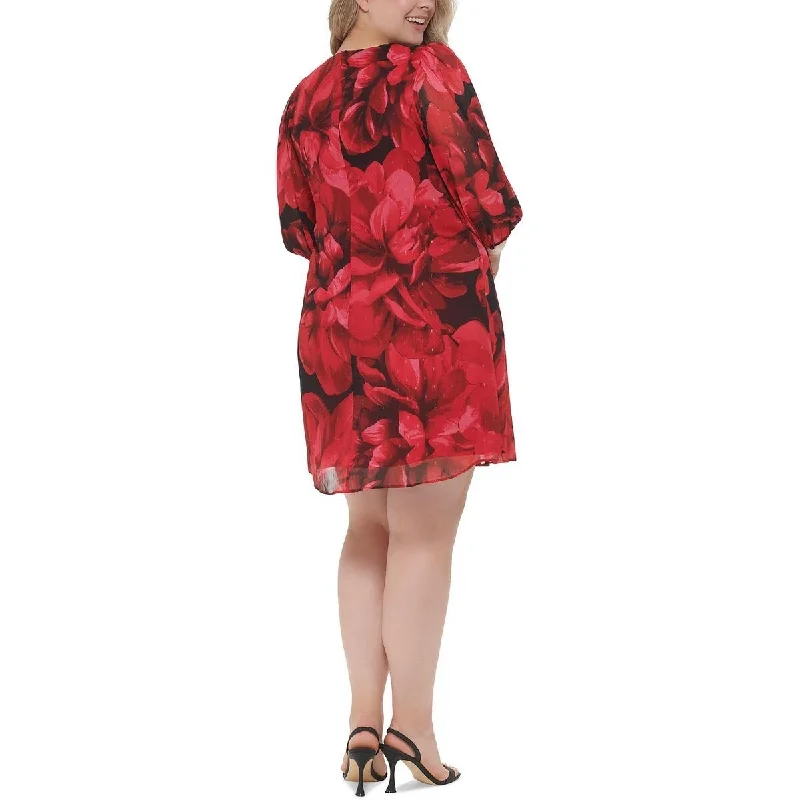 Printed pattern Calvin Klein Women's Pintuck Trimmed Chiffon Dress Red Size 14