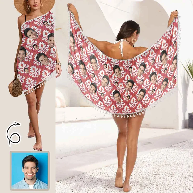 Unique Design Custom Face Red Beach Wraps Chiffon Sarong Bikini Swimsuit Cover Ups Skirt Tassels