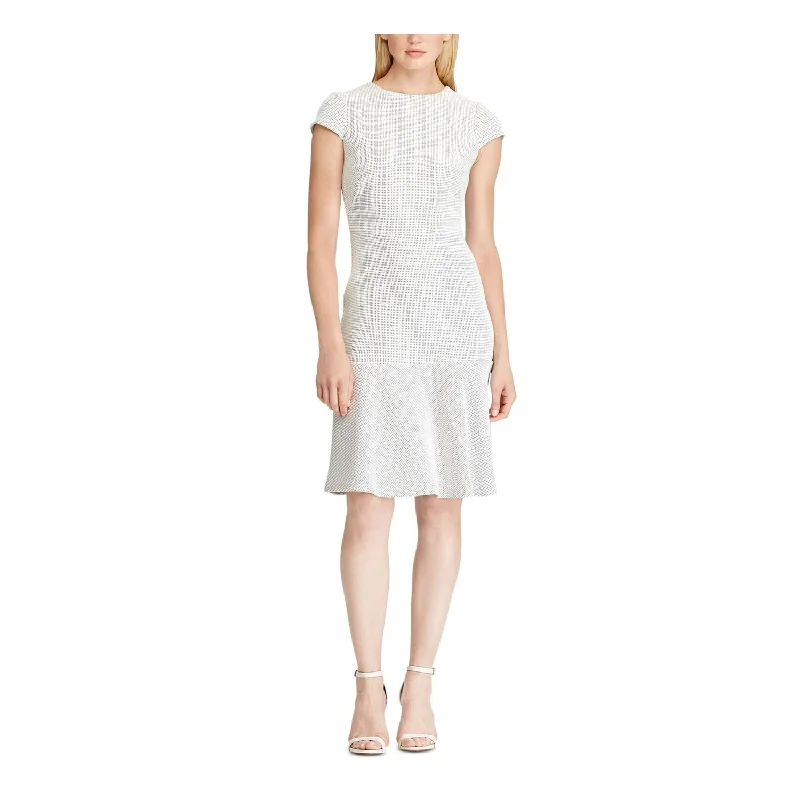 Fashionable and casual Ralph Lauren Women's Zippered Polka Dot Cap Sleeve Jewel Neck Knee Length Fit Flare Dress White Size 4