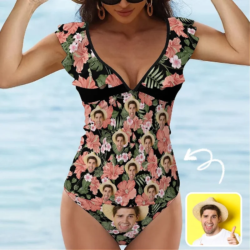 Easy Chic Custom Face Floral Pattern V-Neck Ruffle 2-Piece Tankini Swimsuit