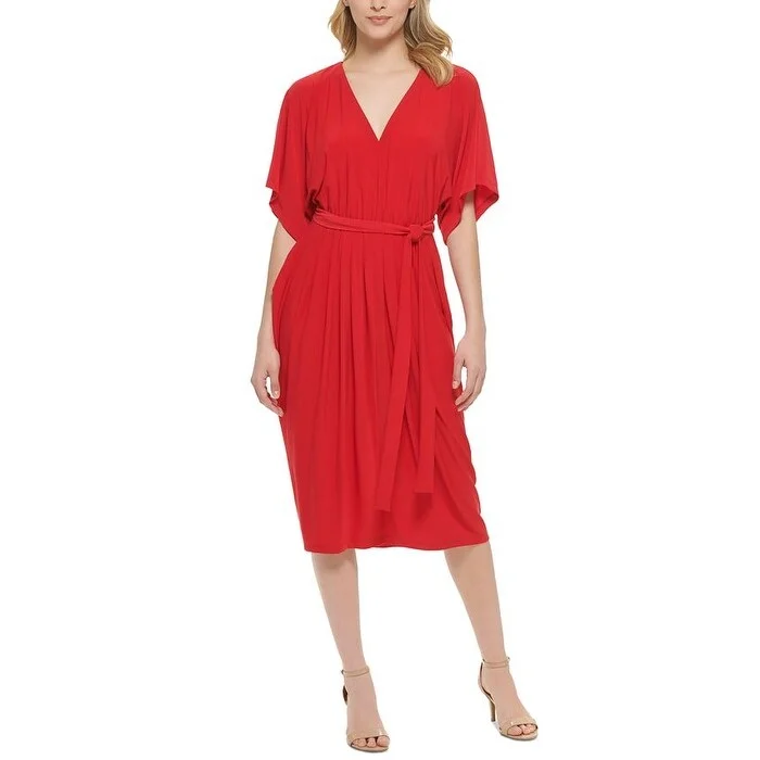 Moisture wicking Tommy Hilfiger Women's V Neck Tie Waist Midi Dress Red Size 12