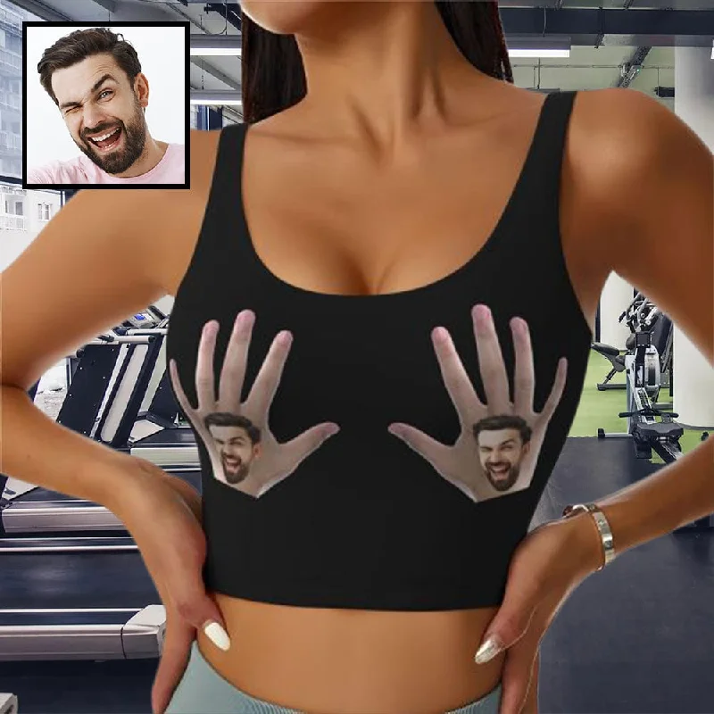 Comfortable Outfits Custom Boyfriend Face Hand Black Background Sports Bra Personalized Women's All Over Print Yoga Sports Bra