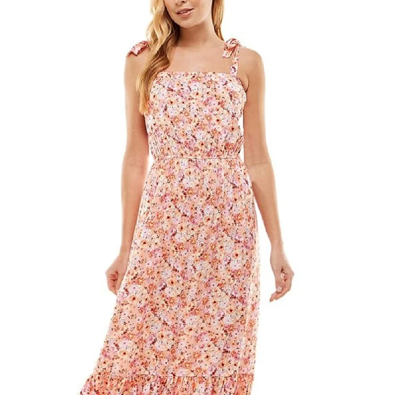 Sports Trend Kingston Junior's Floral Print Shoulder Tie Maxi Dress Orange Size X-Large
