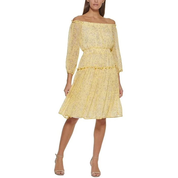 Soft Textures Tommy Hilfiger Women's Eloise Ditsy Print Off The Shoulder Dress Yellow Size 8
