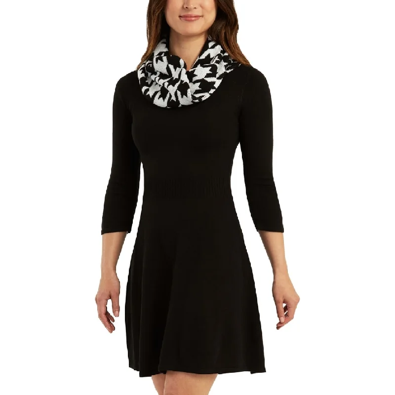Lace Design BCX Junior's Printed Scarf Fit & Flare Sweater Dress Black Size X-Large
