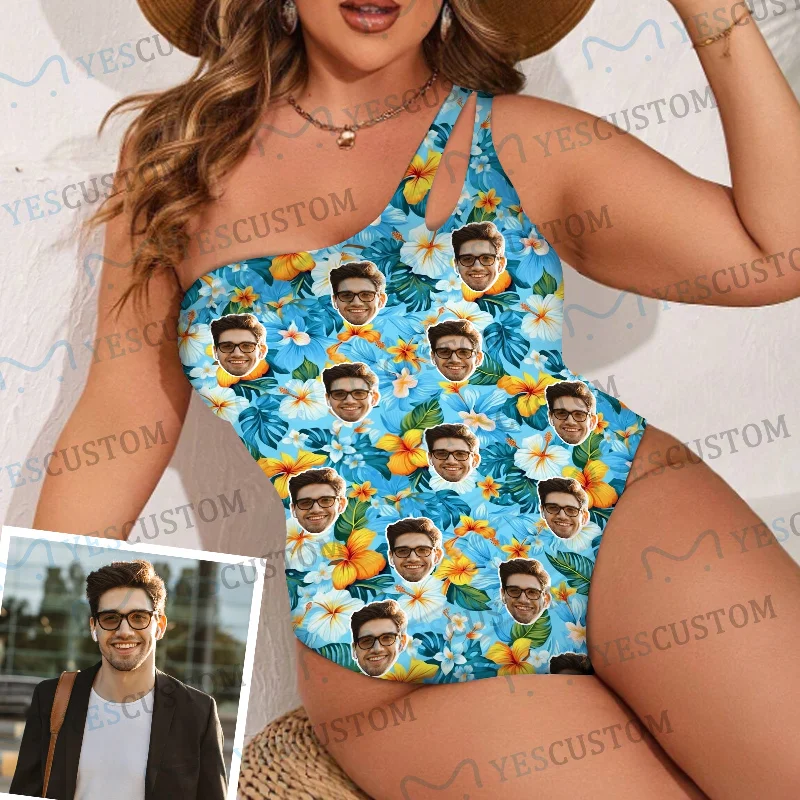 Luxury And Elegant Custom Face Blue Women's One Shoulder Keyhole One Piece Swimsuit Custom Picture Bathing Suit
