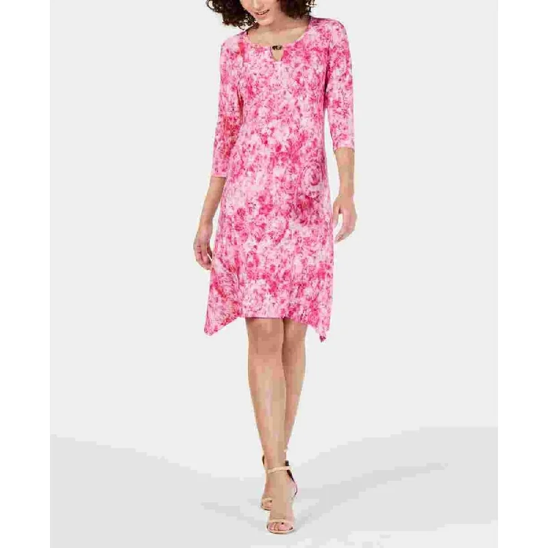 Fashion Must-have Ny Collection Women's Tie Dye 3/4 Sleeve Keyhole Above The Knee A Line Party Dress Pink Size Petite Small