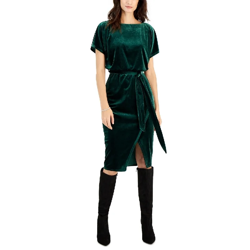 Fashionable And Versatile Kensie Women's Stretch Velvet Boatneck Tie Waist Sheath Dress Green Size Small