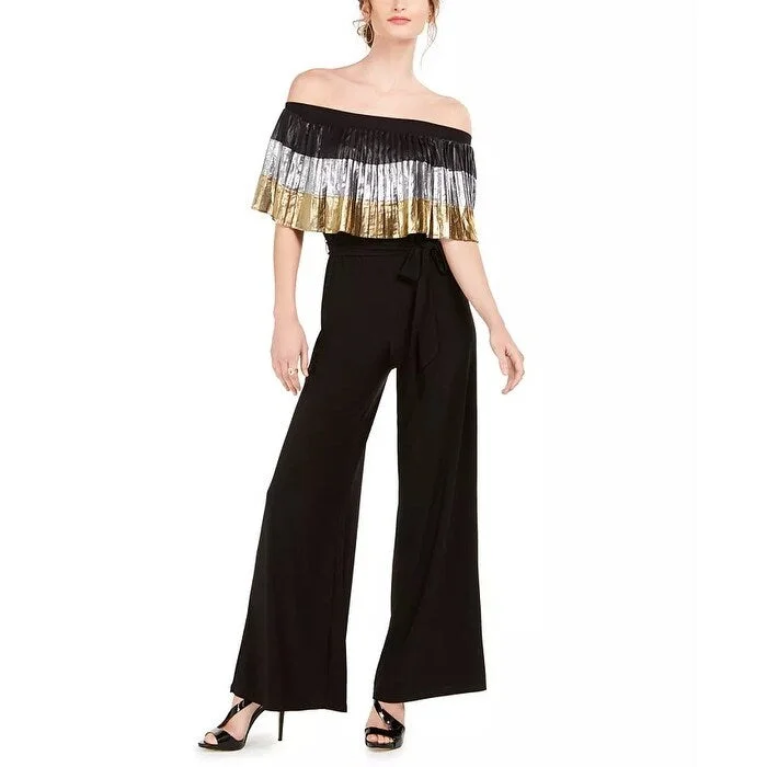 Fashionable and versatile MSK Off-The-Shoulder Pleated Metallic Popover Jumpsuit Black Size X-Large