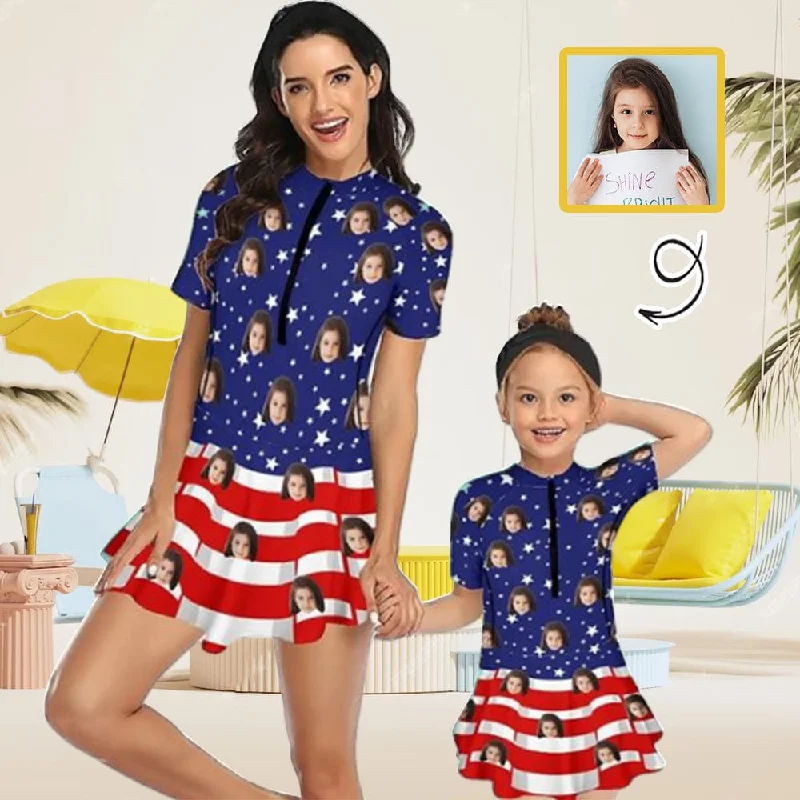 Retro Dress Custom Face American Flag Family Swimsuit Swimdress Personalized One-Piece Swimsuit For Women and Girls