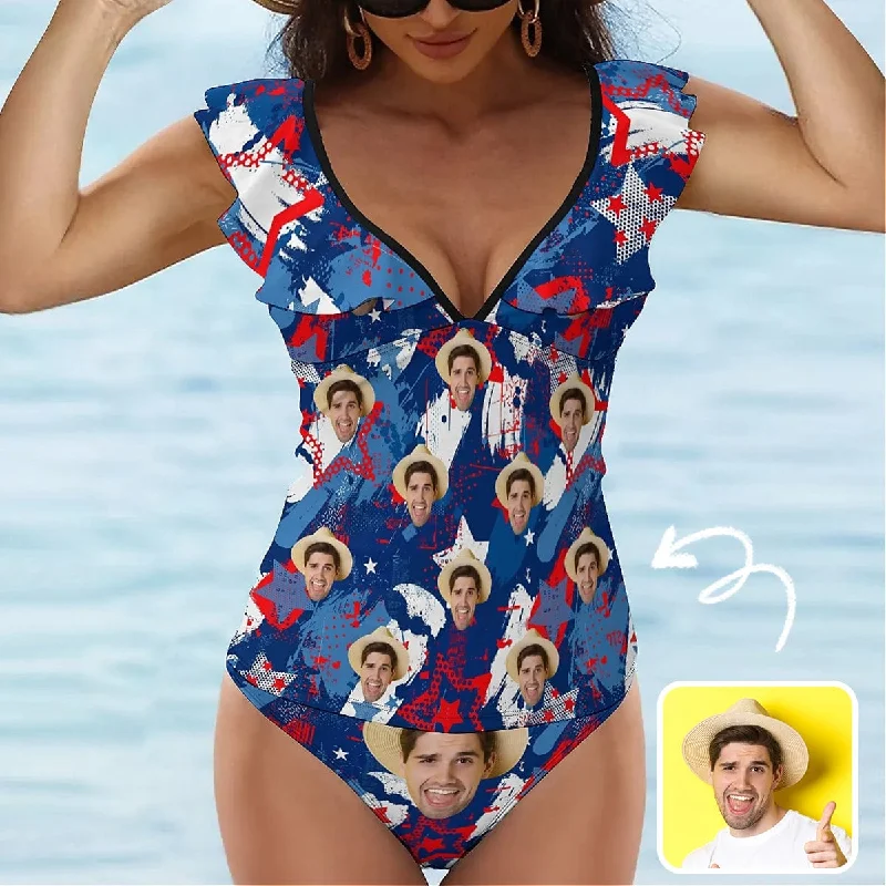 Soft Fabrics Custom Face Pentagram Graffiti V-Neck Ruffle 2-Piece Tankini Swimsuit