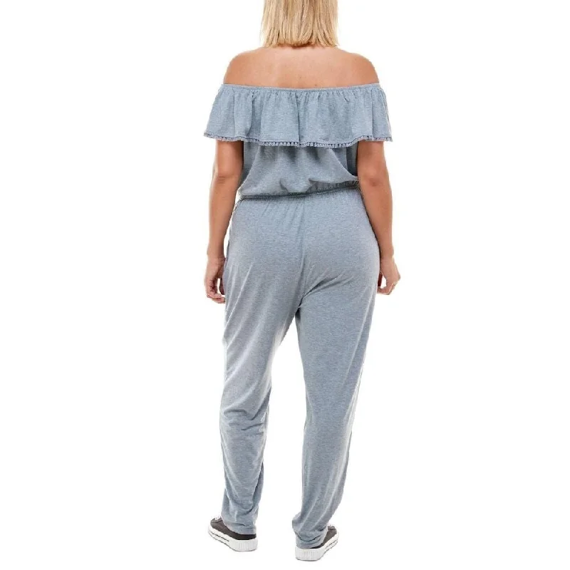 End Of The Year Planet Gold Junior's Rendy Ruffled Neck Jumpsuit Gray Size 1X