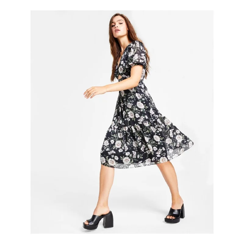 Fashion Style Bar Iii Women's Floral Print Cutout Dress Black Size Medium