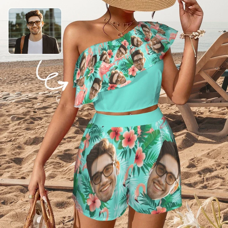 Street Style Suit Custom Face Blue Beach Outfits Personalized Women's One Shoulder Ruffle Trim Top & Shorts Set