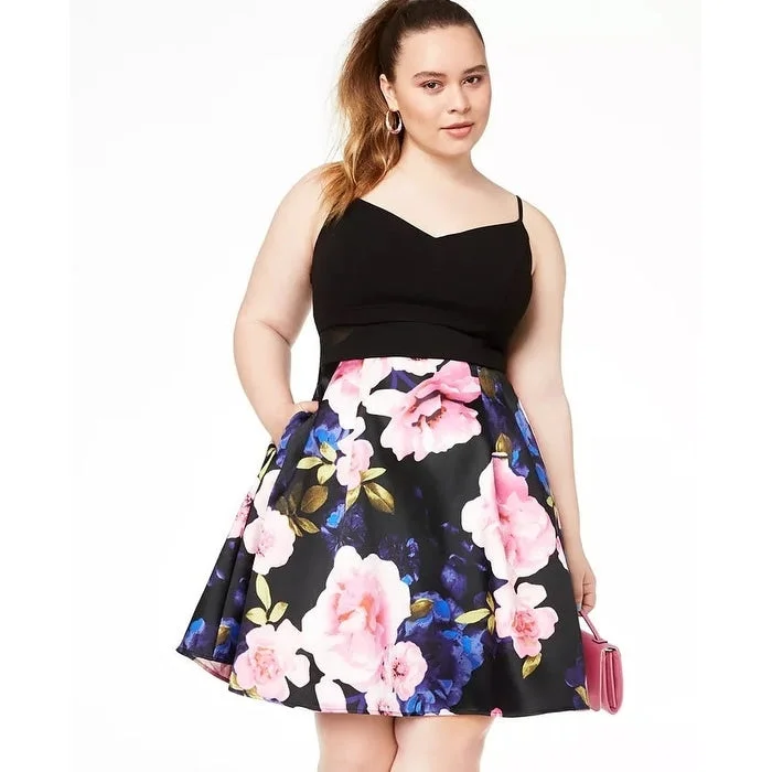 Easygoing Style B Darlin Women's Black Floral Spaghetti Strap V Neck Short Fit + Flare Party Dress Black Size 22W