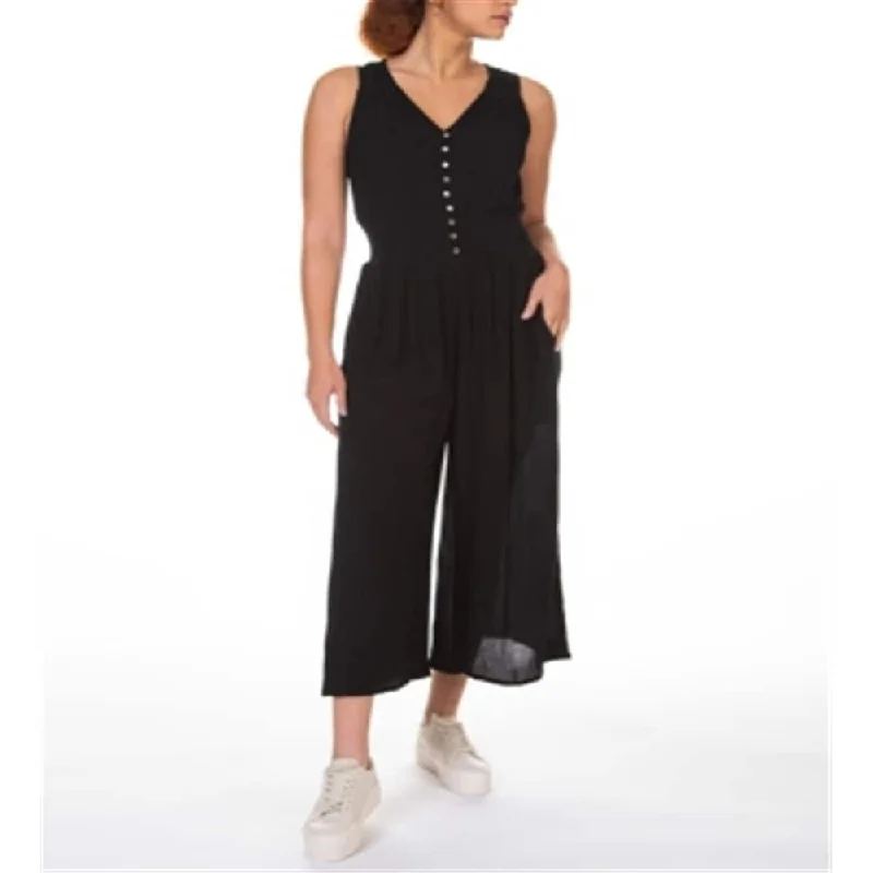 Playful Style Black Tape Women's Smocked Waist Culotte Jumpsuit Black Size Large