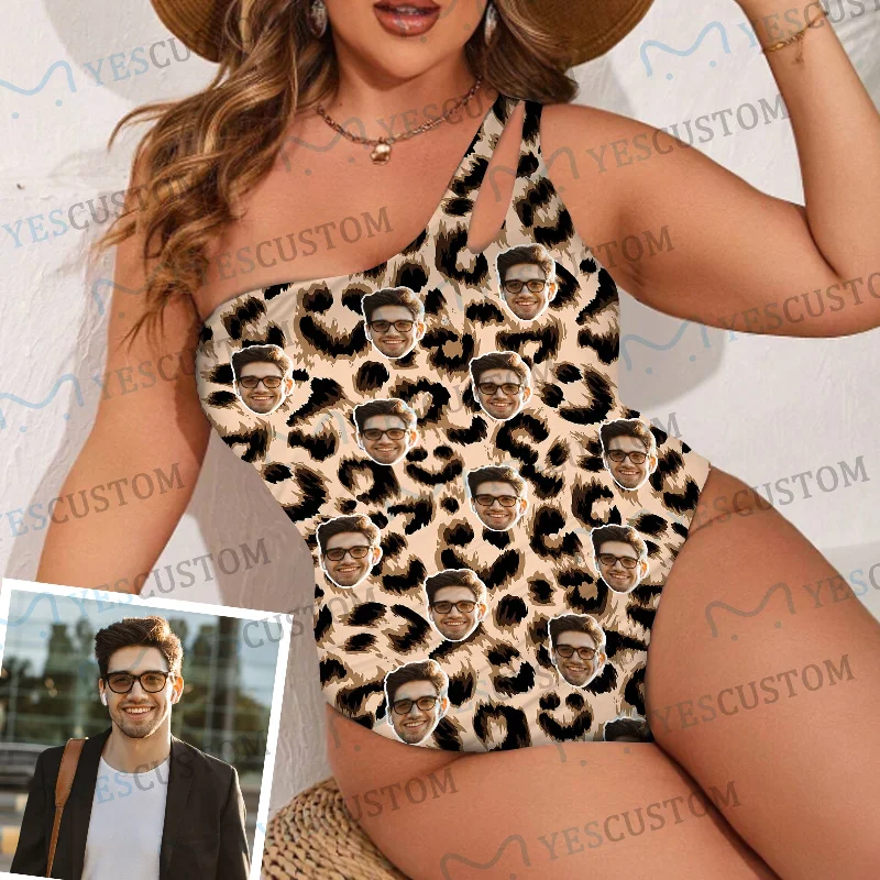 French Retro Custom Face Sexy Leopard Women's One Shoulder Keyhole One Piece Swimsuit Custom Picture Bathing Suit