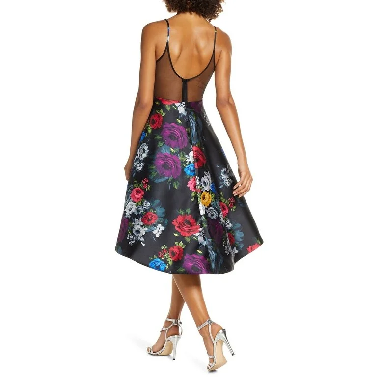 Exquisite Details Sequin Hearts Women's Floral Print High Low Mikado Cocktail Black Dress Size 11