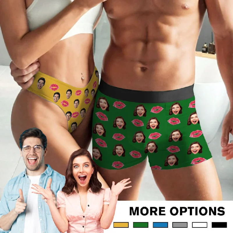Light And Breathable Custom Face Red Lips Couple Underwear Personalized Women's Classic Thong&Men's Waistband Boxer Briefs For Couple Valentine's Day Gift