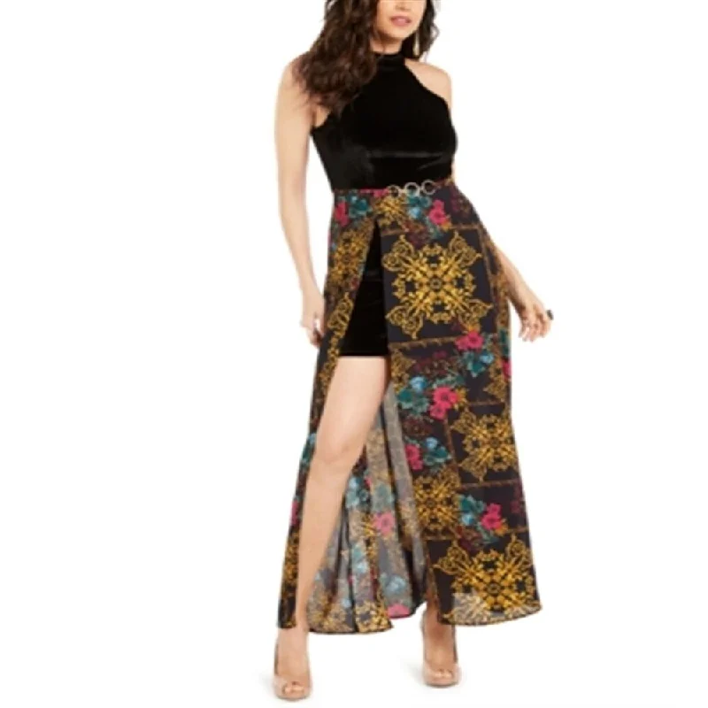 Minimalism Thalia Sodi Women's Halter Printed Overlay Maxi Dress Black Size X-Large