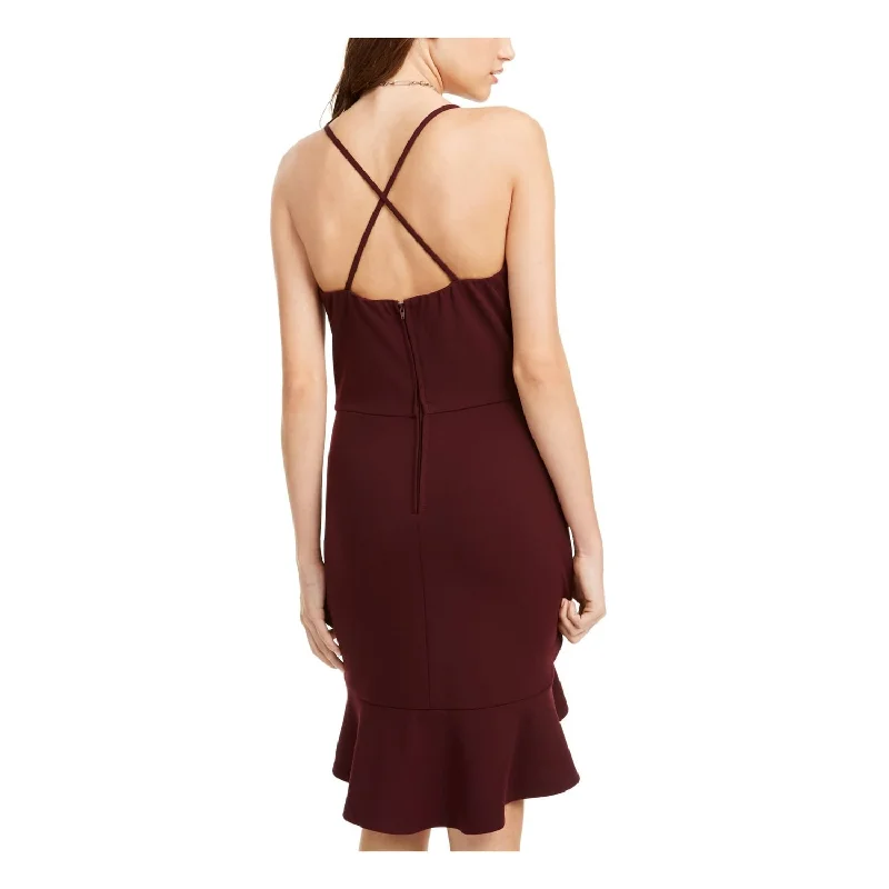 Relaxed Chic Bcx Women's Flounce Spaghetti Strap V Neck Above The Knee Dress Wine Size 3
