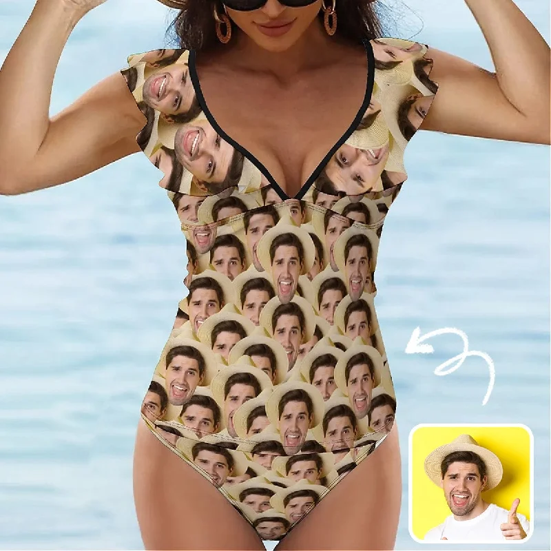 Modern Chic Custom Face Seamless V-Neck Ruffle 2-Piece Tankini Swimsuit